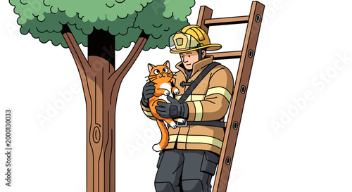 Brave firefighter carrying cat on ladder rescue.