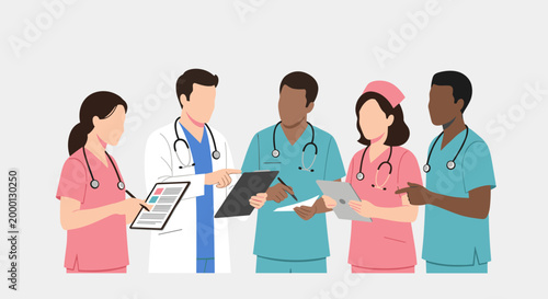 Group of healthcare professionals collaborating and reviewing tablet.