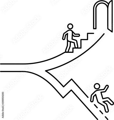 Two stick figures on diverging paths with stairs and archway in business concept