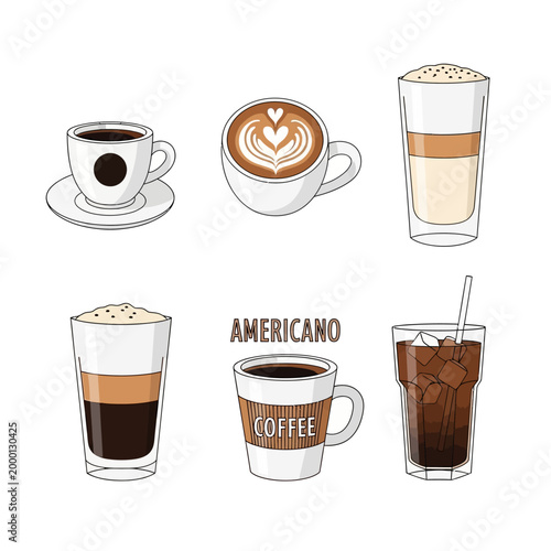 Variety of Coffee Drinks Collection: Espresso, Latte Art, Americano, Iced Coffee