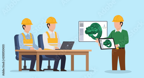 Engineer presenting plant Xray to colleagues in a construction scene.