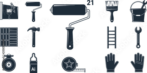 Construction Tools Equipment Silhouette Elements Set Isolated on White Background