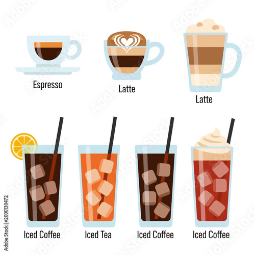 Variety of Cold and Hot Coffee Drinks and Iced Tea, Flat Design Icons