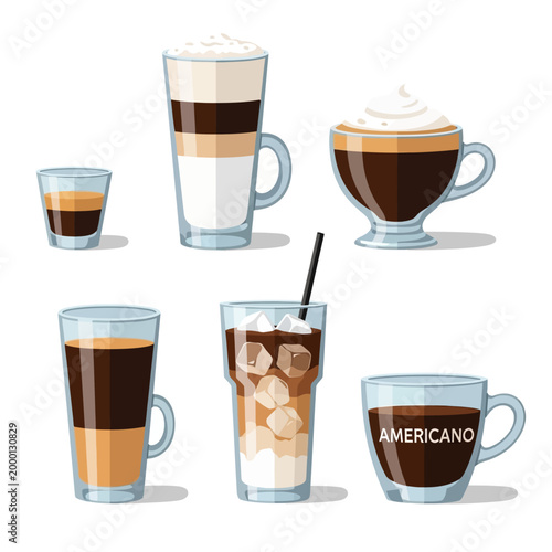 Assortment of Coffee Drinks with Layers and Cream on White Background