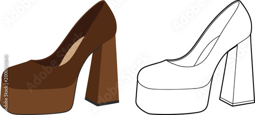 Brown Platform High Heel Shoe and Outline platform shoe