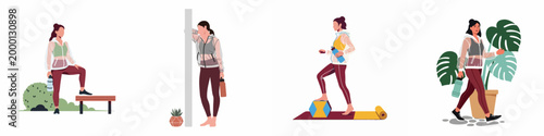 Set of flat illustrations showing a young woman in sportswear exercising, walking, and staying hydrated with a water bottle in various environments.