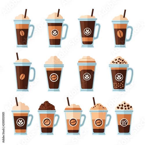 Assortment of Iced Coffee Drinks in Tall Glasses, Flat Design Vector Illustration