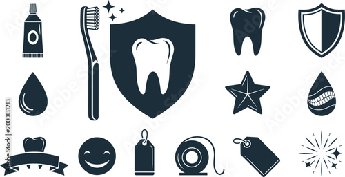 Dental Care Hygiene Silhouette Elements Set Isolated on White Background
