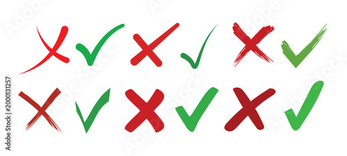 Checkmark icon collection. Check tick and cross symbols for validation, Checked check box sign.