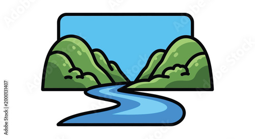 Cartoon river flowing through mountains.