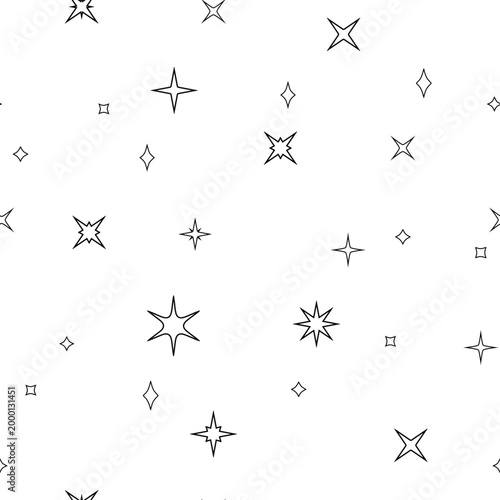 Vector seamless pattern with outline black and white stars on white background. Starry sky outline monochrome background
