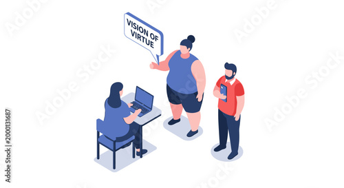 Isometric illustration of three people with a vision of virtue concept.