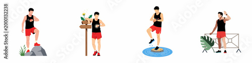 Flat vector illustrations of a man using a smartwatch to track fitness and health metrics during diverse outdoor sports and nature activities.