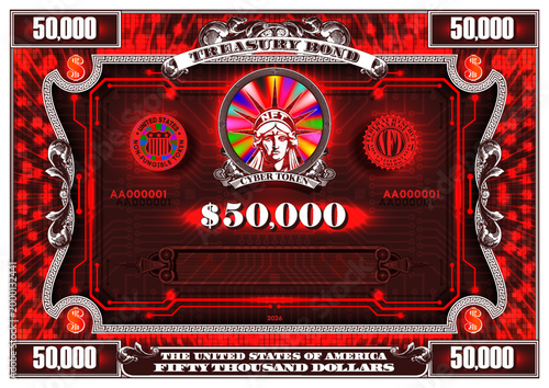 Vector glowing red symmetrical treasury bond. Fifty thousand dollars. Bright contrasting security, rays, computer chip, luminescent glow. Virtual cyber non-fungible token. 3D NFT. 50000