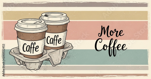 Vintage Coffee Cups Illustration with Retro Striped Background and Hand Drawn Takeaway Caffe Mugs, Classic Beverage Design for Cafe Branding, Poster, and Packaging