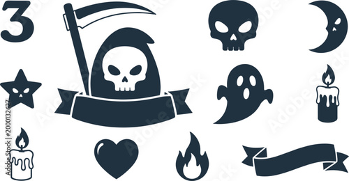 Halloween Grim Reaper Horror Silhouette Elements Set Isolated on White Background