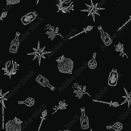 Alchemical occult pattern of witchcraft symbols, featuring mystic owls, magic sun, pentagram potions, and ancient botanical ingredients on black background