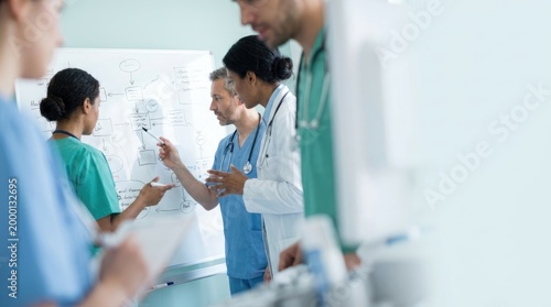 Diverse medical team collaborating and diagramming on a whiteboard