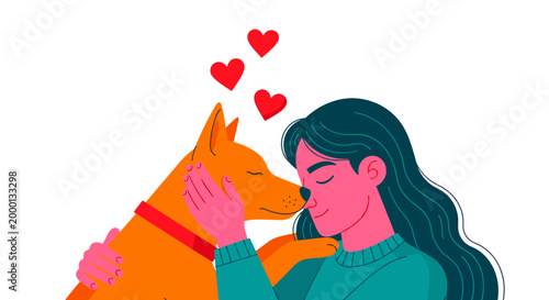 Heartwarming illustration of a person tenderly embracing their beloved dog with red hearts floating above symbolizing deep affection and unconditional love perfect for pet care