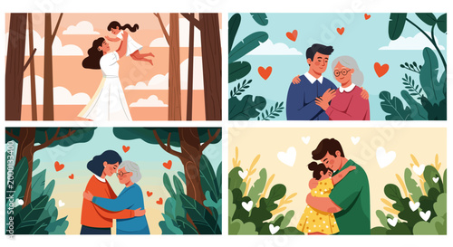Loving couples and family embracing in nature with hearts