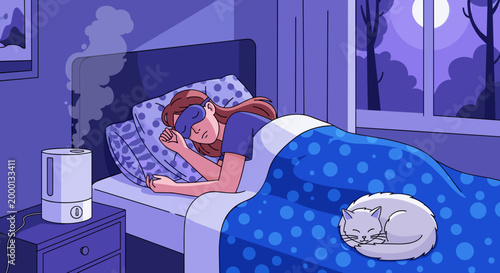 Woman lying awake in bed at night with insomnia stressed and anxious with a humidifier nearby in a dark purple bedroom