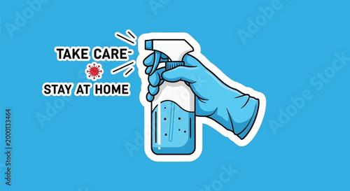 Hand in glove holding spray bottle.