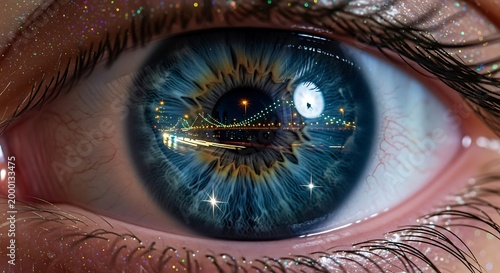 Vibrant blue eye reflects sparkling city bridge at night, symbolizing inner vision, personal dreams, and the profound concept of the world seen from within