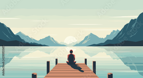 Serene solitary person meditating on wooden pier overlooking tranquil lake and majestic mountain range at sunrise embodying peace mindfulness and connection with nature's beauty