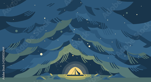Tiny tent glows under starry night sky amidst snow covered pine trees in serene winter camping scene