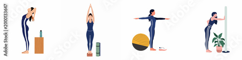 Flat illustration set of young women in blue sportswear performing various yoga and stretching exercises for health and wellness on a white background.