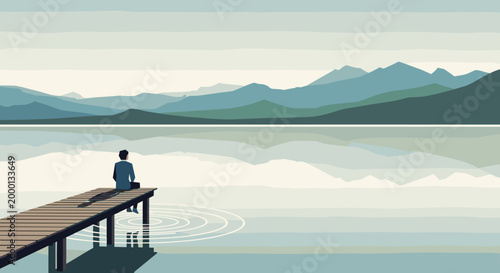 Serene solitary figure contemplates vast mountain landscape reflected in calm lake from wooden pier minimalist vector illustration conveying peace introspection and nature's