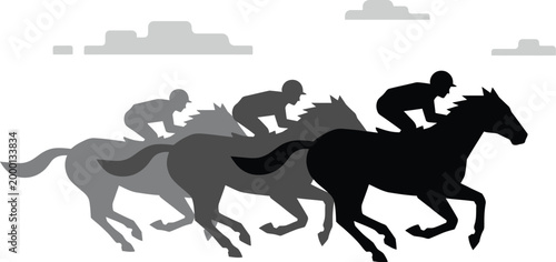 Racehorses and their jockeys compete in a minimalist graphic representation of a high speed horse race.