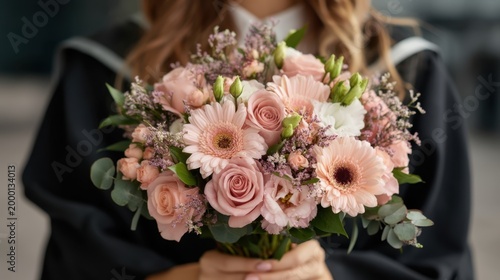 Hands holding pastel rose and gerbera floral bouquet