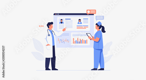 Two Doctors Presenting Patient Data On Digital Board.