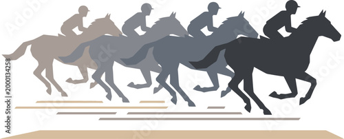 Racehorses run in a layered sequence showing the progression of speed during a professional horse race.
