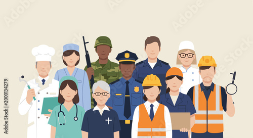 Diverse group of workers together representing multiple professions.