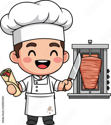 A cheerful chef prepares a delicious shawarma wrap with a large spit.
