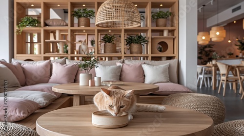 Ginger cat resting by bowl on round table in lounge with shelving