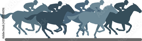 Racehorses with jockeys sprint across the track in a stylized graphic depiction of competitive speed.