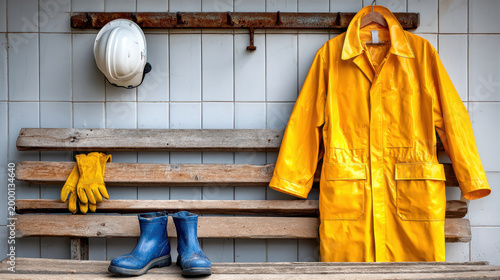 Yellow hazmat suit and protective gear hanging in farm changing area for ppe marketing campaign promoting worker safety compliance and biosecurity in poultry facilities