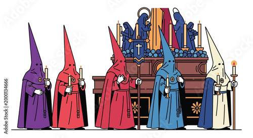 People wearing colorful hooded robes standing.
