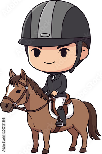 Equestrian illustration of a rider in a helmet sitting on a brown horse