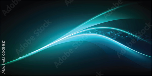 Abstract blue light trails on dark background, glowing neon wave motion, futuristic energy fiber optic lines for technology and data concept
