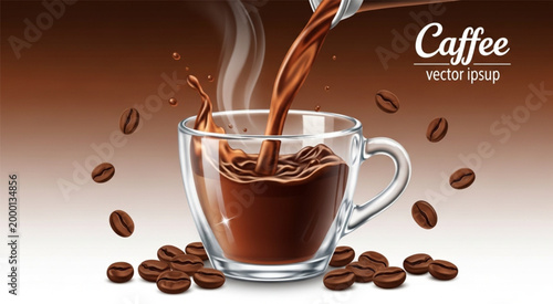 Coffee Cup Vector Illustration with Hot Espresso Pouring, Steam, Coffee Beans, and Transparent Glass Mug for Cafe Menu, Beverage Branding, and Food Advertising Design