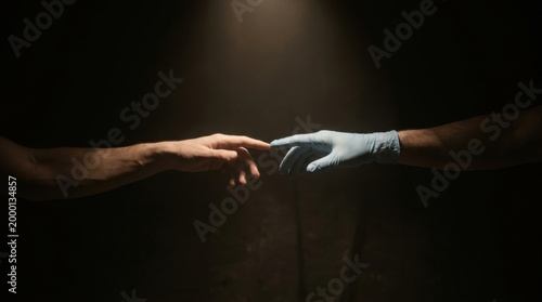 Human Hand Reaching Out to Gloved Medical Hand for Help and Support
