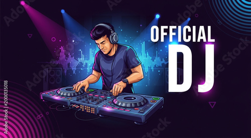 DJ Music Party Vector Illustration with Professional Disc Jockey Mixing Tracks on Turntable Controller, Nightclub Lights, Sound Waves, and Electronic Dance Performance Concept