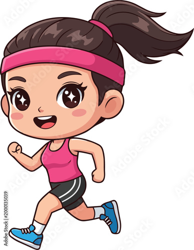 Slika na platnu A smiling cartoon girl wearing pink and running swiftly outdoors in daytime