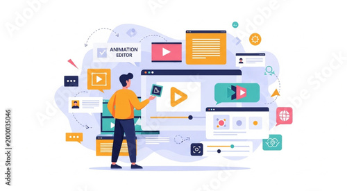 Video Editing and Animation Software Vector Illustration with Creative Designer, Media Player Interface, Motion Graphics Tools, and Digital Content Production Workflow
