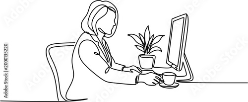 Continuous line drawing of businesswoman working on computer at office desk with coffee and plant