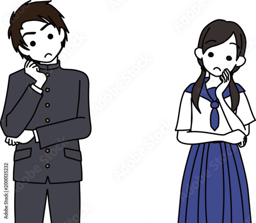 頬に手を当てて考え事をする女子高生と男子高生